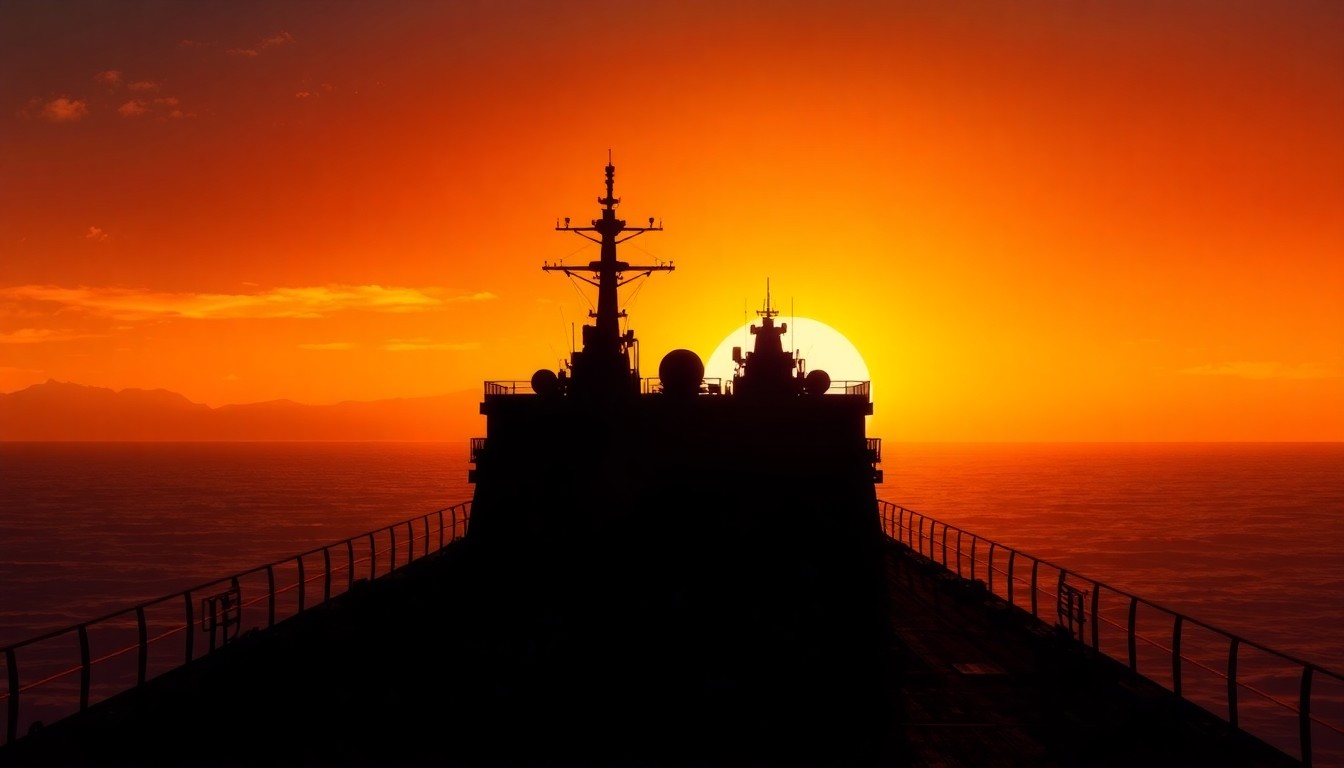 A serene, nostalgic painting of an empty military ship at sunset, capturing the quiet contemplation surrounding the repatriation of a WWII soldier's remains.