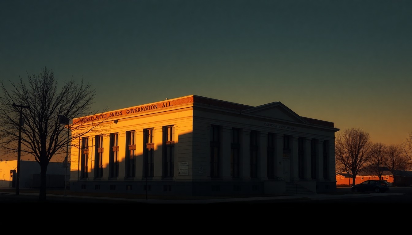 A quiet, cinematic painting of a solitary government building in Jackson, Michigan, bathed in warm, diagonal sunlight and deep shadows, capturing the contemplative mood of a shifting political landscape.
