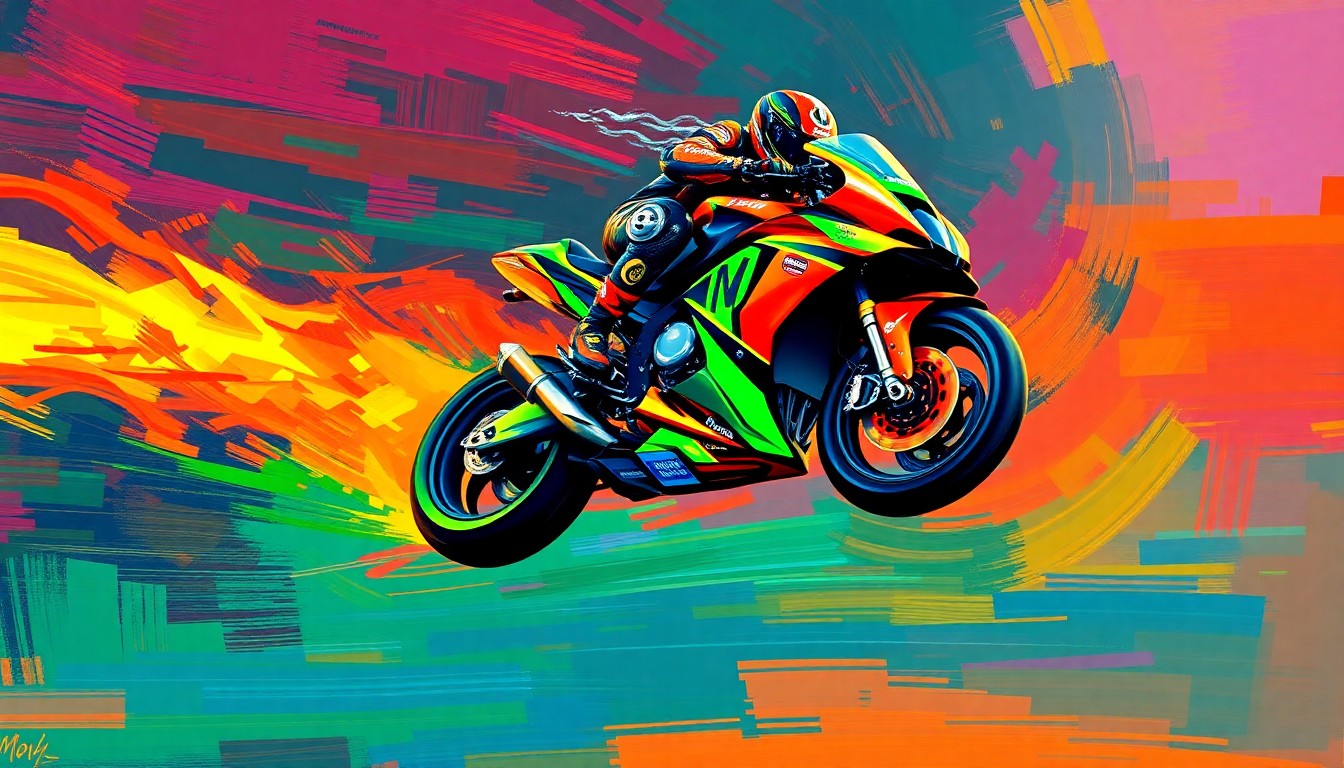 An abstract, neon-colored expressionist painting depicting a motorcycle in mid-air, its rider a blur of motion, with the bike's engine and exhaust spewing trails of vibrant color, capturing the raw energy and danger of MotoGP racing.