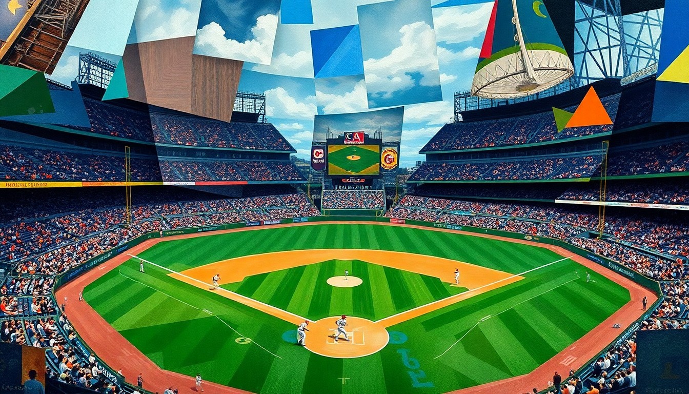 A fractured, multi-perspective painting breaking down a baseball game into sharp, overlapping geometric planes of color, with players and field reduced to abstract shapes.