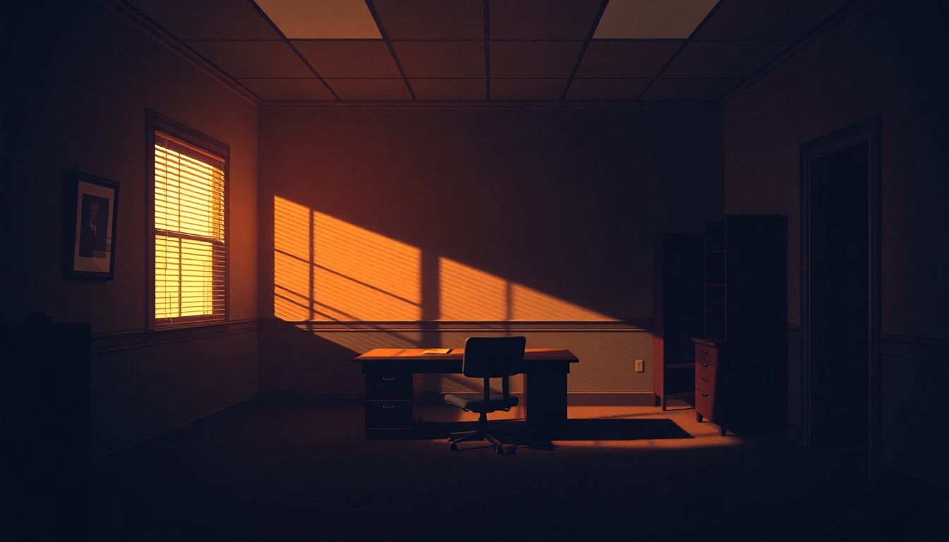 A dimly lit, cinematic government office space with a lone desk and chair, bathed in warm, diagonal sunlight and deep shadows, conceptually representing the political influence and potential of Vice President Vance.