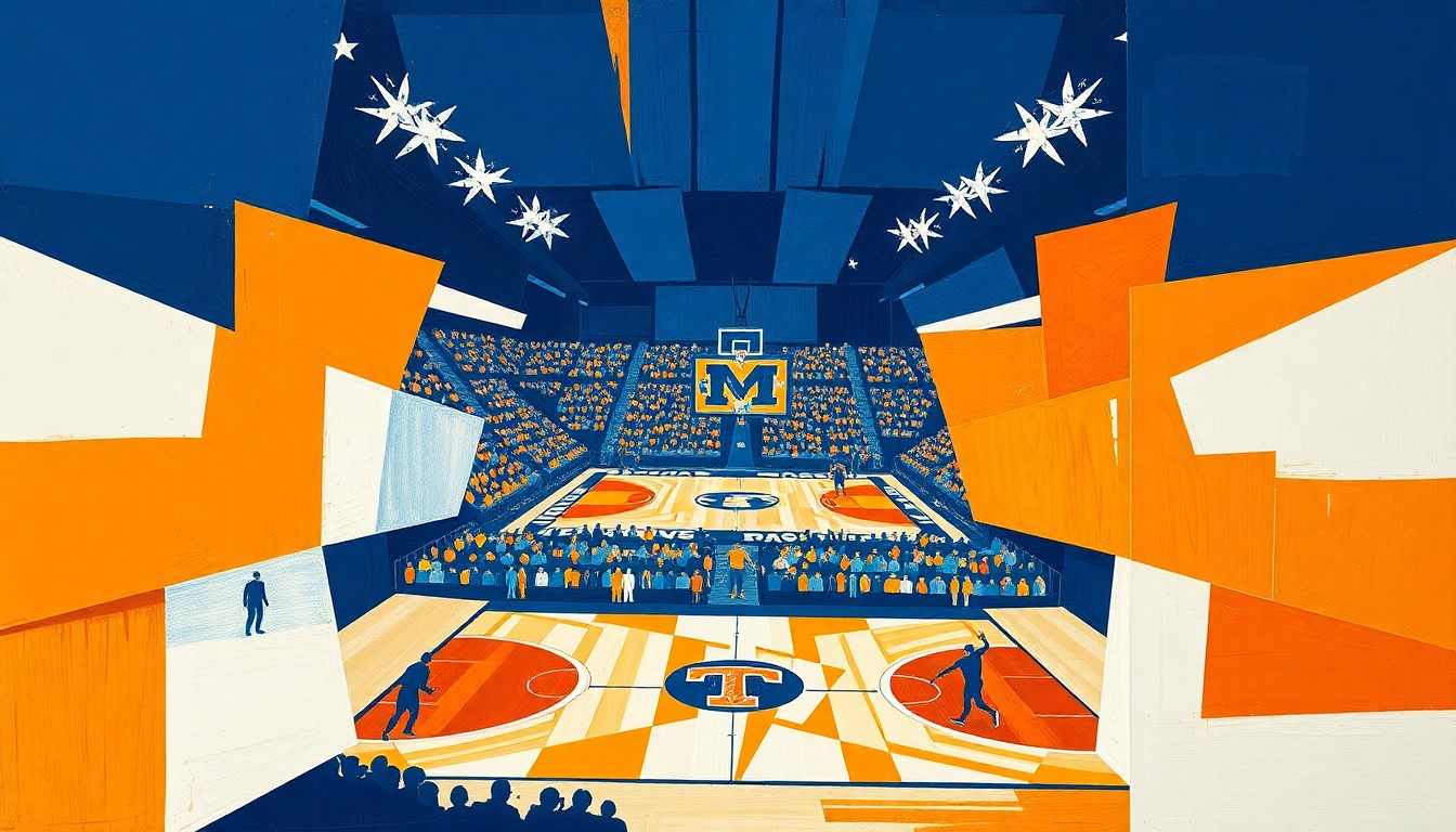 A cubist, geometric painting depicting fragmented, overlapping scenes of a basketball game, with players and the court rendered in sharp, angular shapes and vibrant colors.