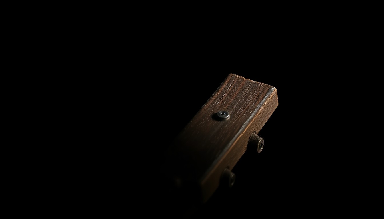 An extreme close-up photograph of a single railroad track tie, its textured wood and metal details sharply illuminated by a harsh, direct camera flash against a pitch-black background, conceptually representing the dangerous, unforgiving nature of train collisions.