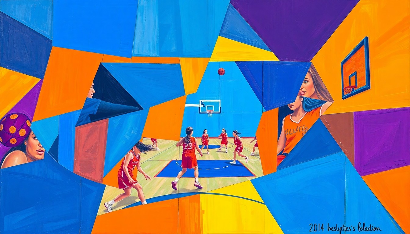 A cubist-style painting featuring overlapping geometric shapes and planes in vibrant blue, orange, and purple hues, conceptually representing the dynamic action and energy of a high-level girls' basketball game.