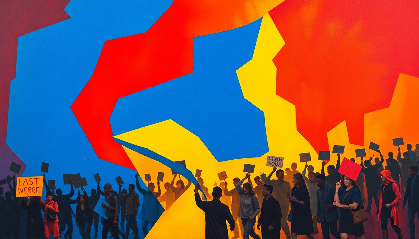 An abstract, avant-garde painting of a crowd of protesters marching in overlapping, geometric waves of bold colors, capturing the dynamic energy of the nationwide No Kings demonstrations.