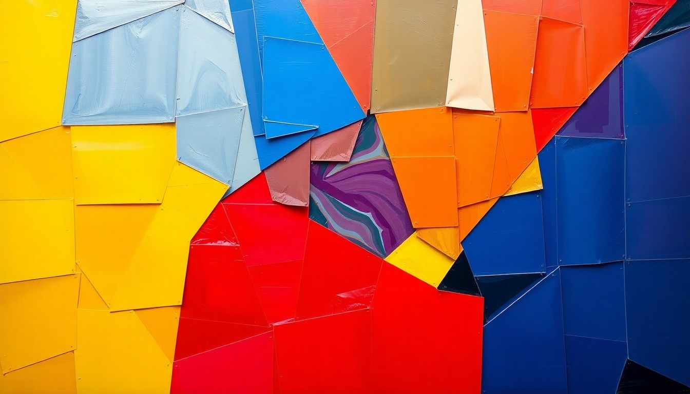 A cubist, geometric painting depicting an abstract NBA draft lottery drawing, with sharp planes of bright blue, red, and yellow overlapping to create a fragmented, deconstructed visual representation of the lottery process.