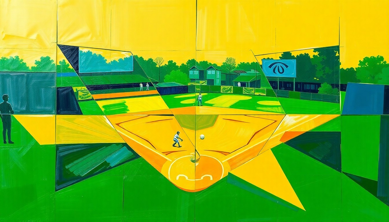 A fragmented, geometric painting depicting a high school softball game, with overlapping planes of green, navy, and gold representing the dynamic action on the field.