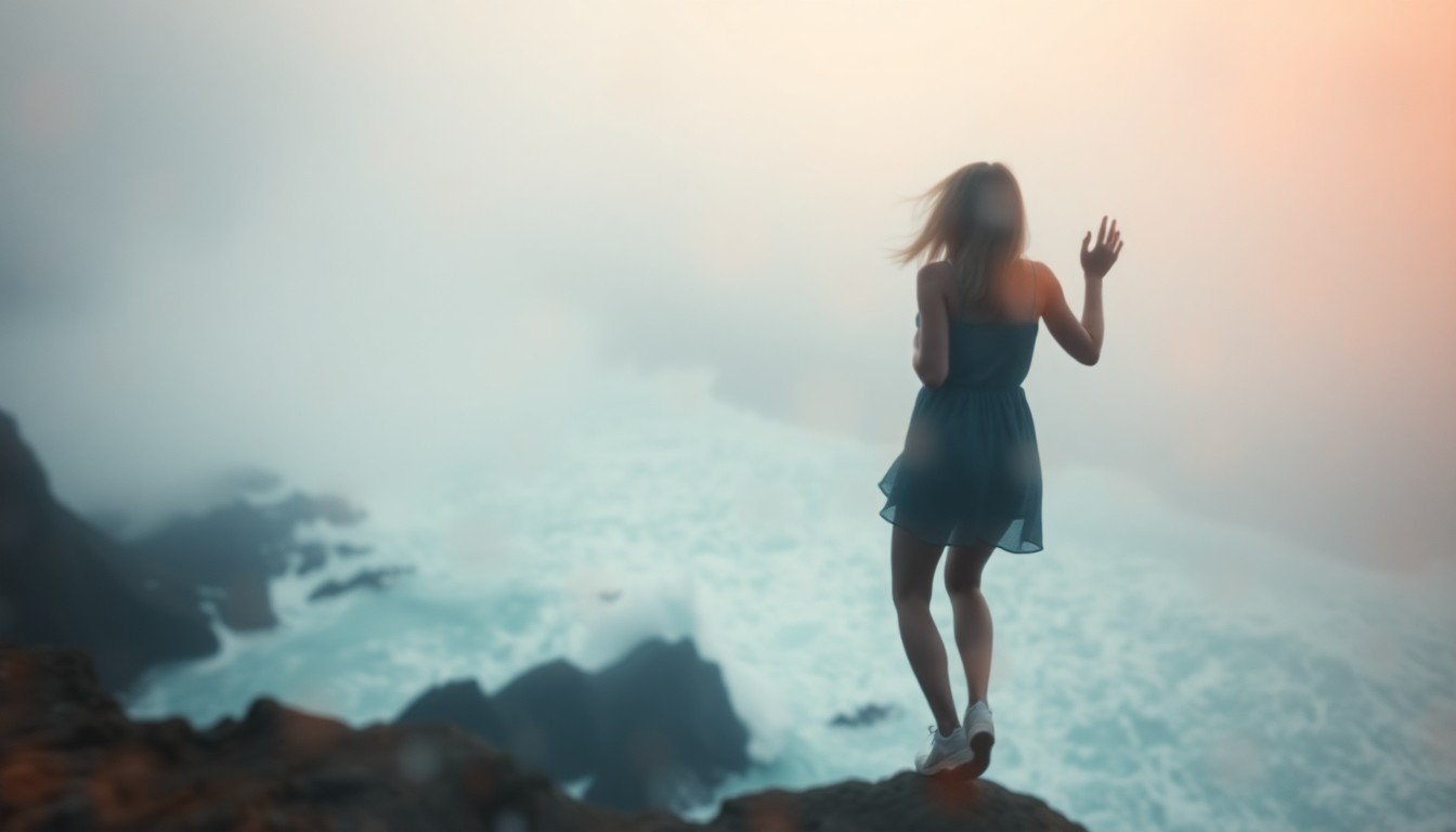 An abstract, impressionistic photograph depicting a hazy, out-of-focus scene of a person clinging to the side of a cliff, surrounded by soft, warm pools of light and color, conveying a sense of both danger and tranquility.