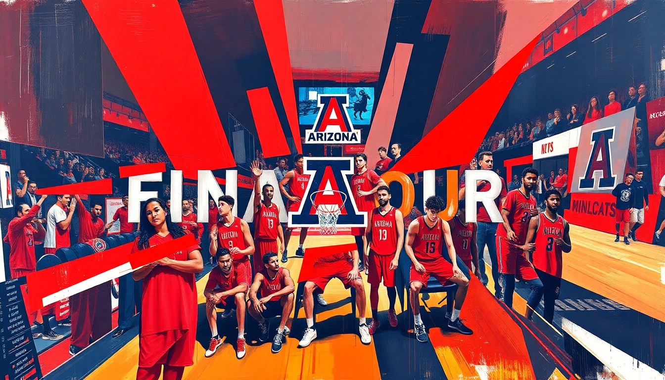 A fractured, cubist-style painting in shades of cardinal red and navy blue, breaking down the Arizona Wildcats' basketball team and their Final Four run into sharp, overlapping geometric planes, capturing the energy and excitement of the moment.