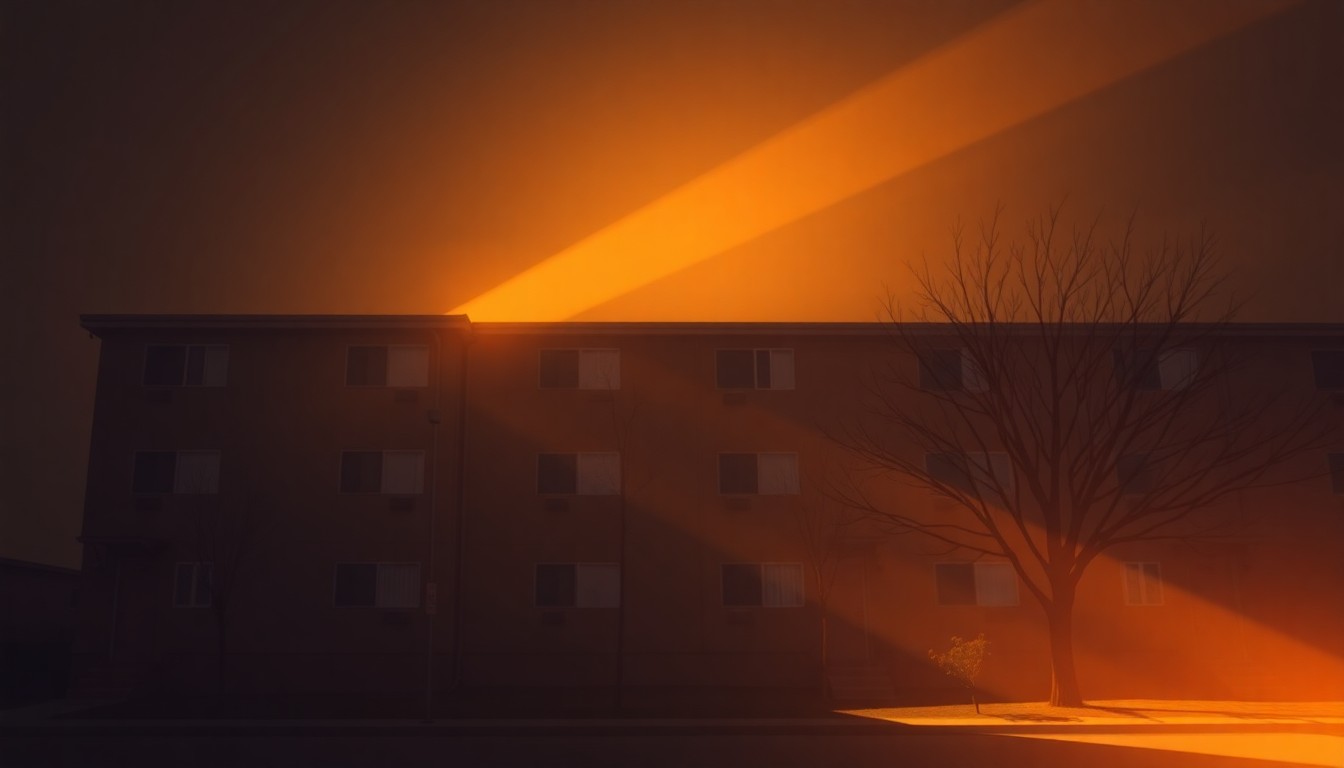 A serene, photorealistic painting of a multi-story apartment building or townhome complex in soft, warm tones, with deep shadows and dramatic lighting creating a sense of solitude and contemplation around the housing challenges facing Illinois communities.