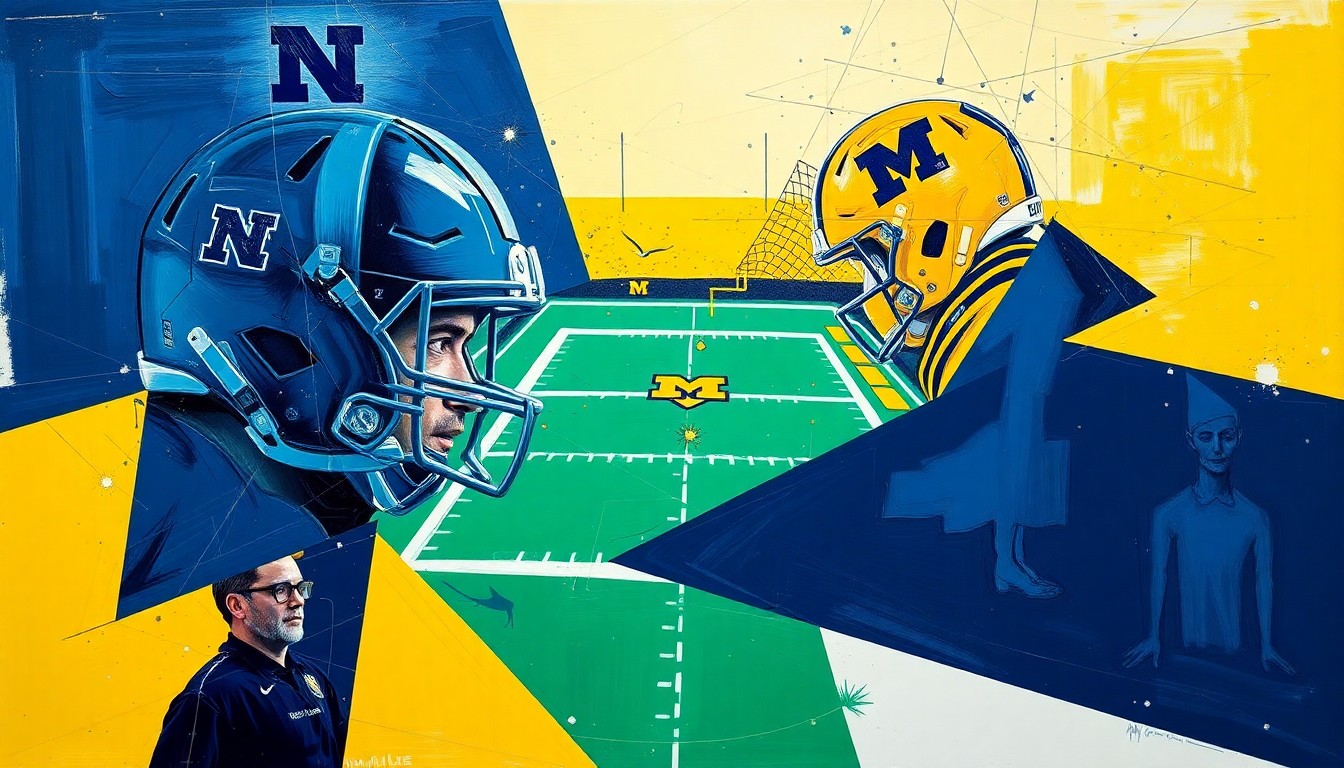 A fractured, multi-perspective painting in the style of Pablo Picasso, breaking down a football recruiting battle between two schools into sharp, overlapping geometric planes of navy blue, maize yellow, and emerald green.
