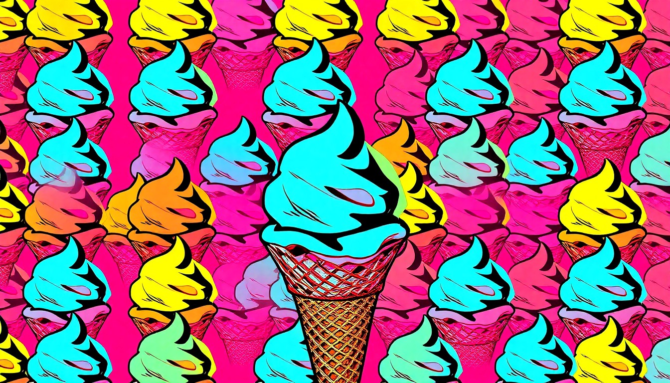 A bold, colorful silkscreen illustration featuring a repeated pattern of a single ice cream scoop in a waffle cone, conceptually representing the opening of a new specialty ice cream shop.