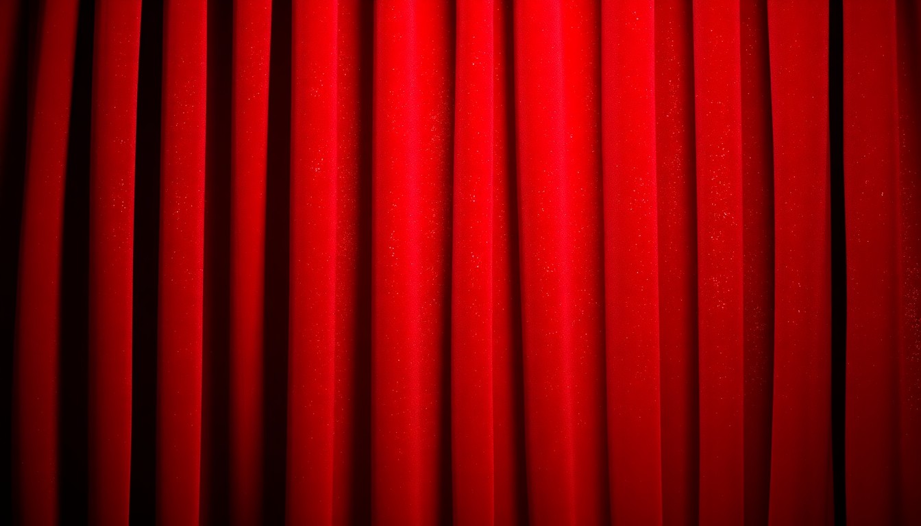 An extreme close-up of a richly textured, crumpled red velvet curtain, shot in dramatic high-contrast lighting to create a glamorous, high-fashion aesthetic.