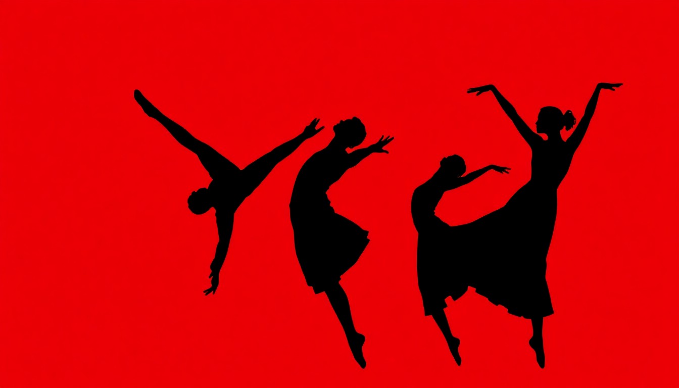 A bold, graphic illustration featuring stark black silhouettes of dancers in dynamic poses against a bright red background, conveying the energy and artistry of the upcoming Aspen Santa Fe Ballet summer performances.