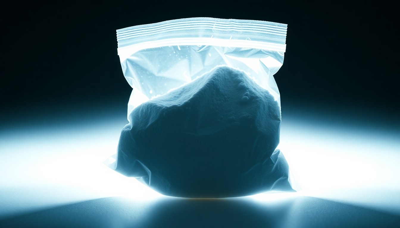 An extreme close-up of a small plastic bag containing a white powdery substance, dramatically lit by a harsh camera flash against a dark background, conceptually representing the drugs seized during a law enforcement operation.