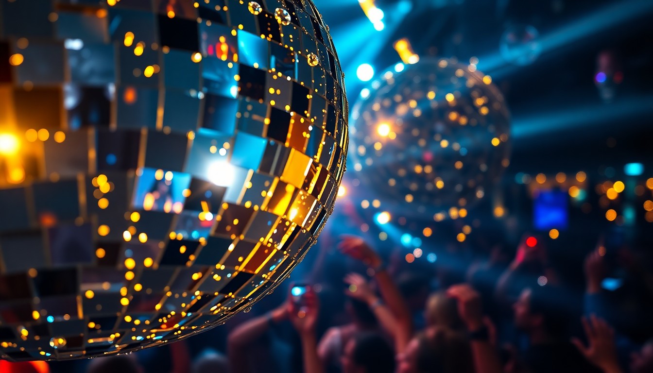 An extreme close-up photograph of shattered glass shards from a disco ball, reflecting bright stage lights and capturing the glamorous, high-energy atmosphere of a rooftop nightclub.