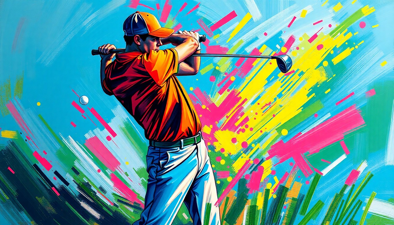An abstract, energetic painting depicting the powerful motion and dynamic energy of a golfer mid-swing, with the golf ball trailing a neon blur as it takes flight.