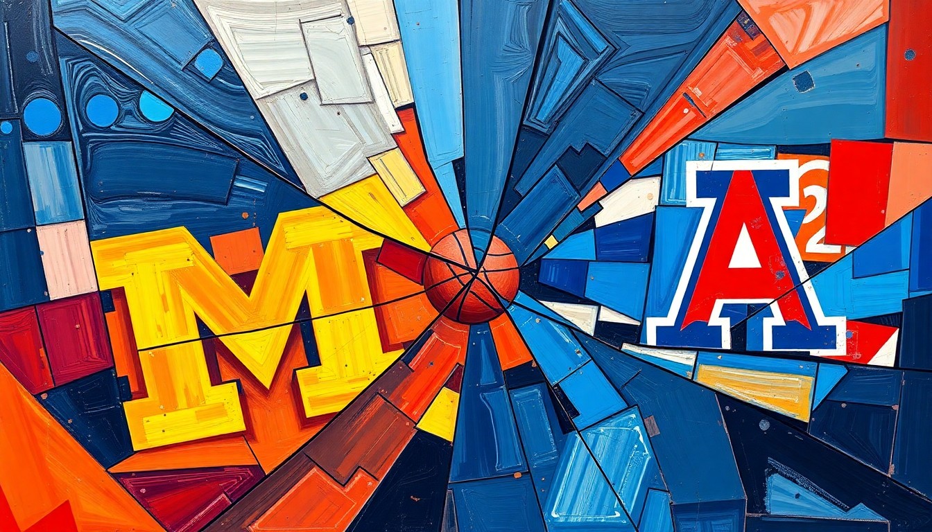 A cubist, geometric painting featuring overlapping planes of vibrant maize, blue, red, and navy blue colors, representing the dynamic action of a college basketball game between the Michigan Wolverines and Arizona Wildcats.