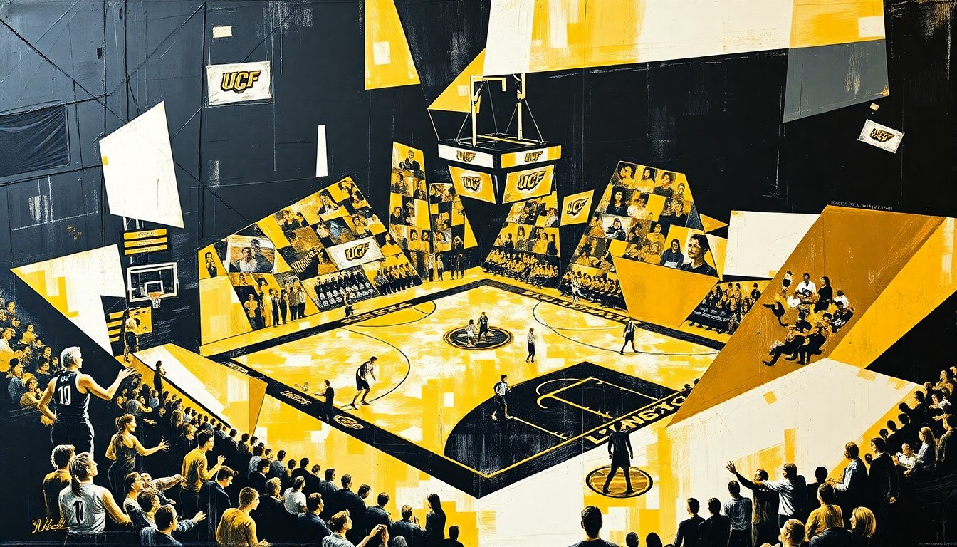 A fragmented, geometric painting in black, gold, and white, depicting a women's basketball game broken down into sharp, overlapping shapes, conceptually representing the transition the UCF program is undergoing.