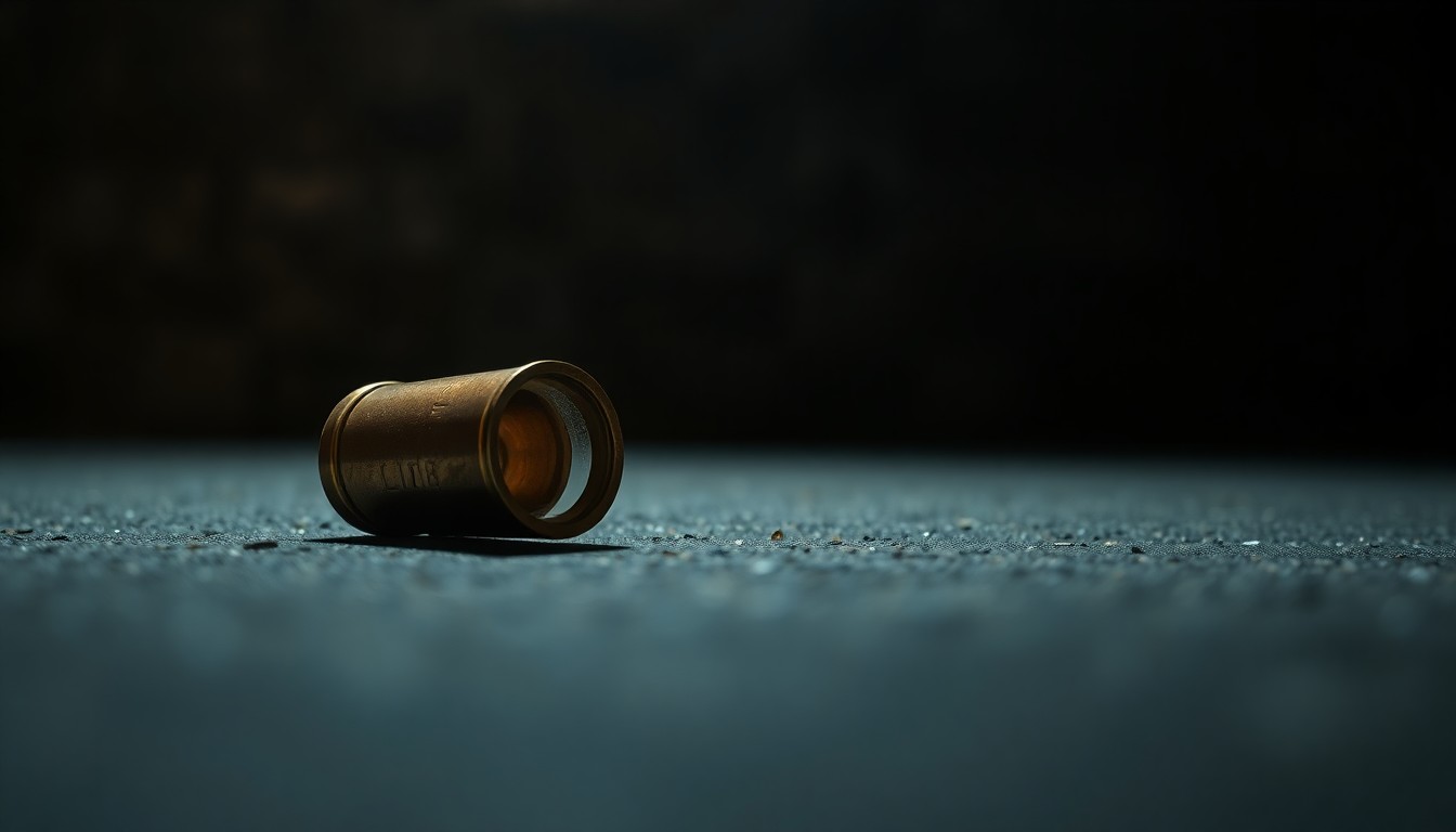 An extreme close-up photograph of a spent shell casing on a dark concrete surface, conceptually illustrating the evidence gathered by police investigating a shots fired incident.
