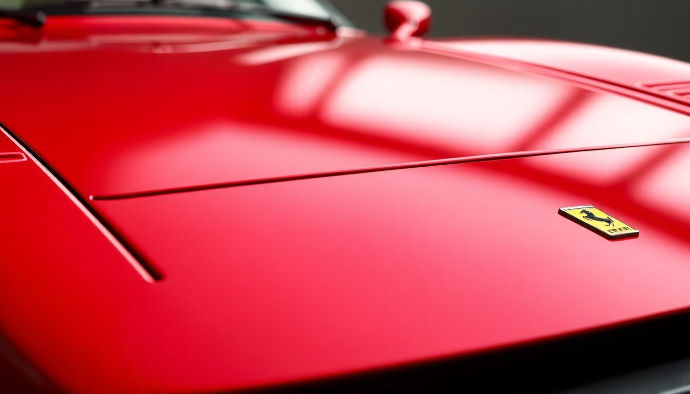 An extreme close-up photograph of the glossy, deep red paint and chrome trim of a classic 1979 Ferrari 308 GTS sports car, capturing the luxurious, high-end glamour of this iconic vehicle in dramatic studio lighting.