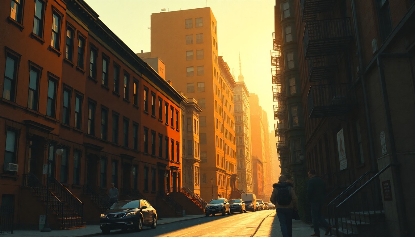 A serene, nostalgic painting of a row of brownstone apartment buildings on a New York City street, with warm sunlight and deep shadows creating a contemplative mood, conceptually representing the complex dynamics around a new homeless shelter in the neighborhood.