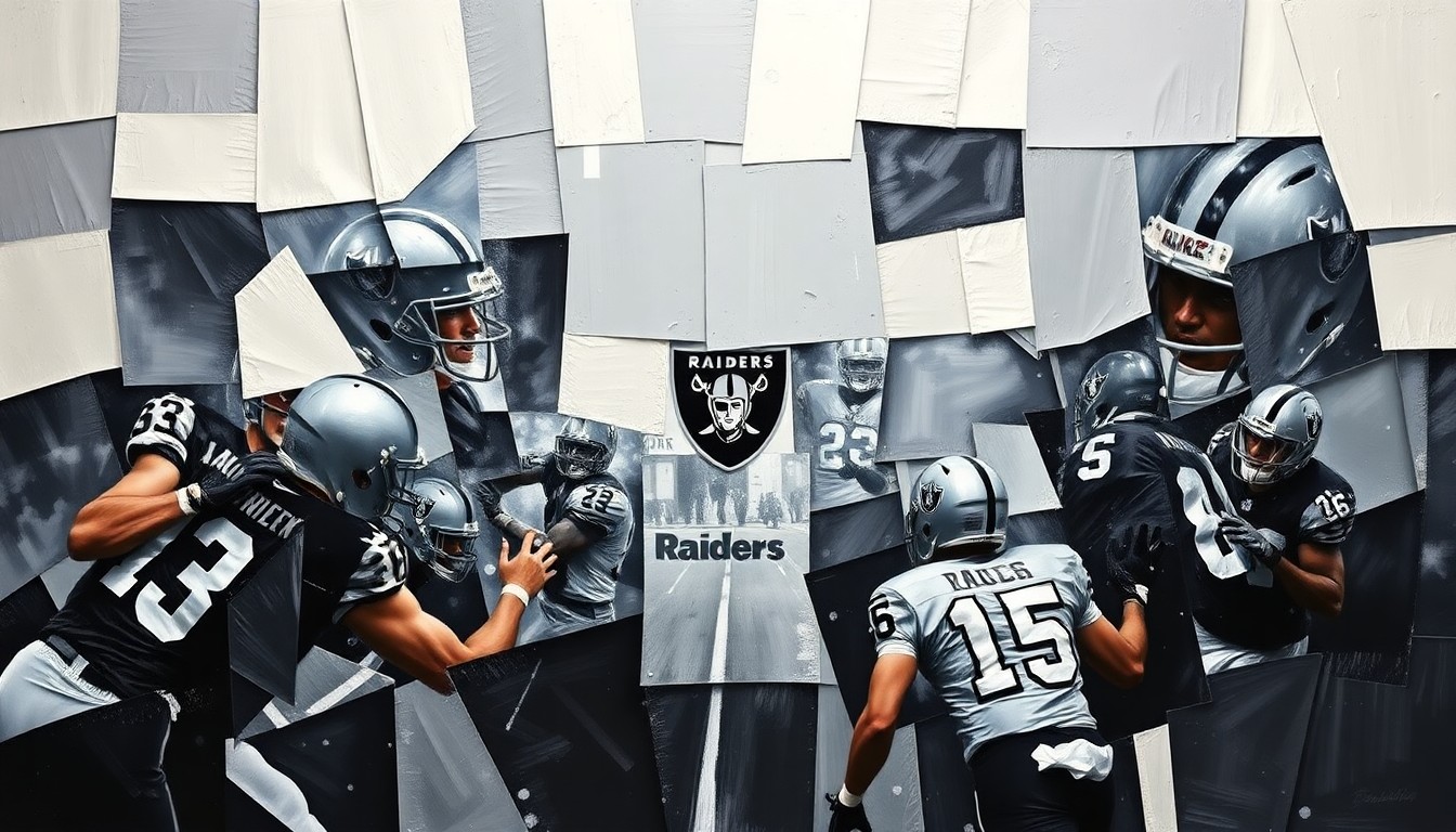 A cubist-style painting featuring sharp, overlapping geometric shapes in the Raiders' silver and black colors, conceptually representing the fragmented state of the team's identity and the need for Kubiak's unifying leadership.