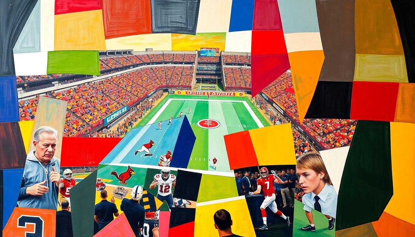 A cubist, geometric painting depicting fragmented scenes of a college football game or recruiting event, with sharp planes of color representing the energy and intensity of the sport.