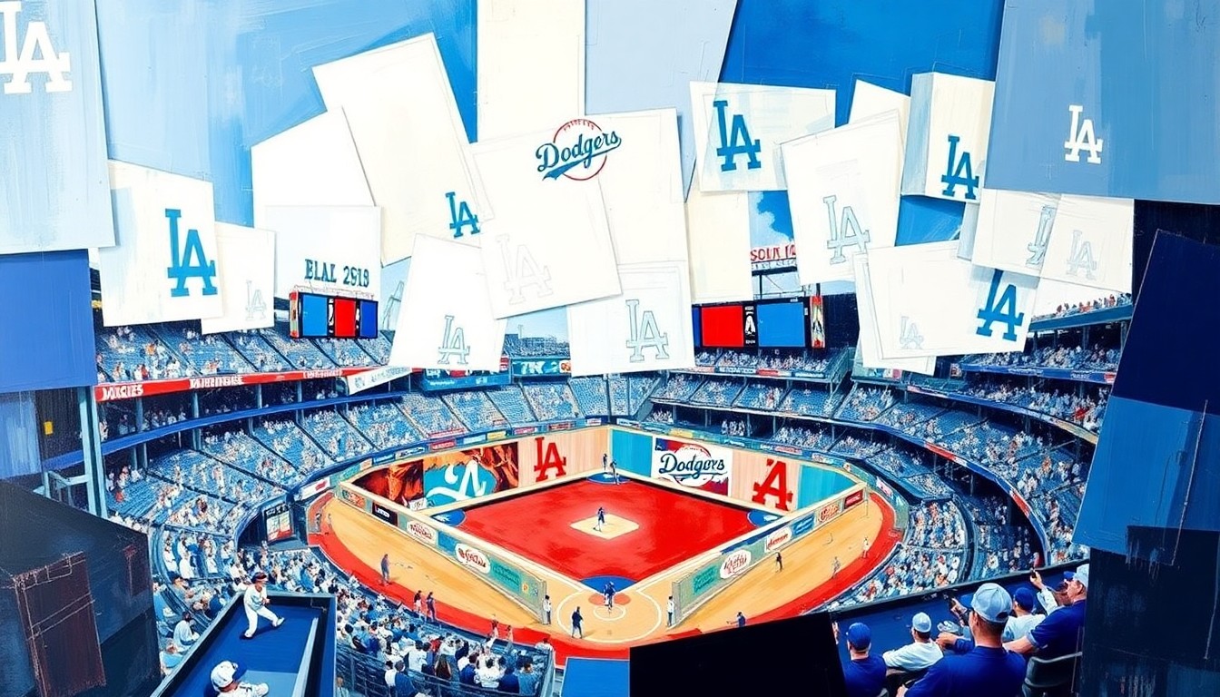 A cubist, geometric painting depicting a fragmented baseball game or match, with sharp planes of Dodgers blue, white, and red representing the team's complex approach to nurturing its top prospects.