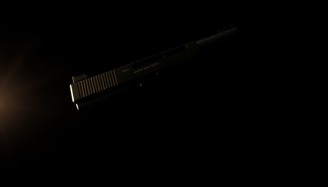 An extreme close-up of a handgun magazine reflecting the harsh light of a camera flash, conceptually illustrating the seizure of firearms as part of a targeted law enforcement operation.