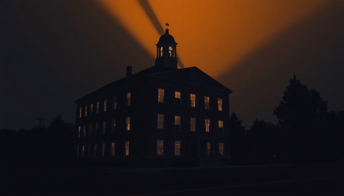 A serene, photorealistic painting of the Maine State House in Augusta, with the historic building bathed in warm, golden sunlight and surrounded by deep shadows, conveying a sense of quiet contemplation and civic responsibility.