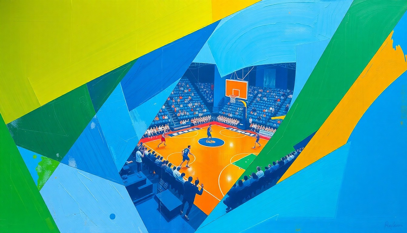 A cubist, geometric painting depicting a college basketball game, with overlapping shapes and planes of color representing the chaotic action on the court.