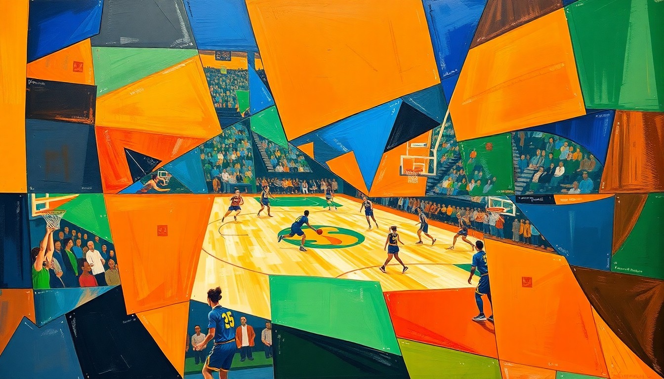 A cubist, geometric painting depicting the chaotic energy and movement of a women's basketball game, with sharp planes of color and overlapping shapes representing the strategic elements of the sport.