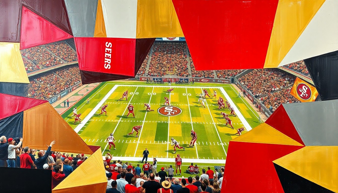 A fragmented, cubist-style painting depicting a 49ers football game, with the players and field broken down into sharp, overlapping geometric shapes in the team's signature colors of red, gold, and grey, conveying the intricate dynamics of the organization.