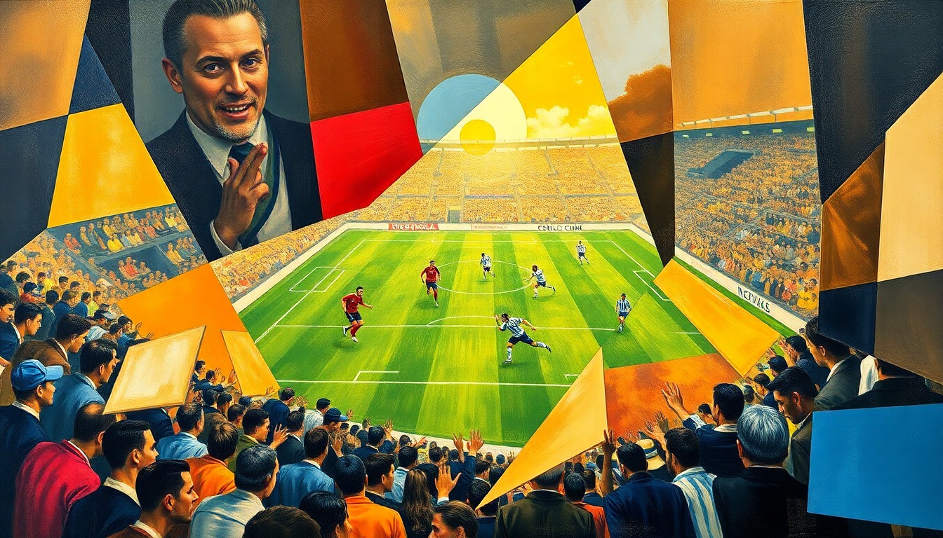 A cubist, geometric painting depicting a soccer match between England and Uruguay, with overlapping planes of color and shape representing the dynamic action on the field.