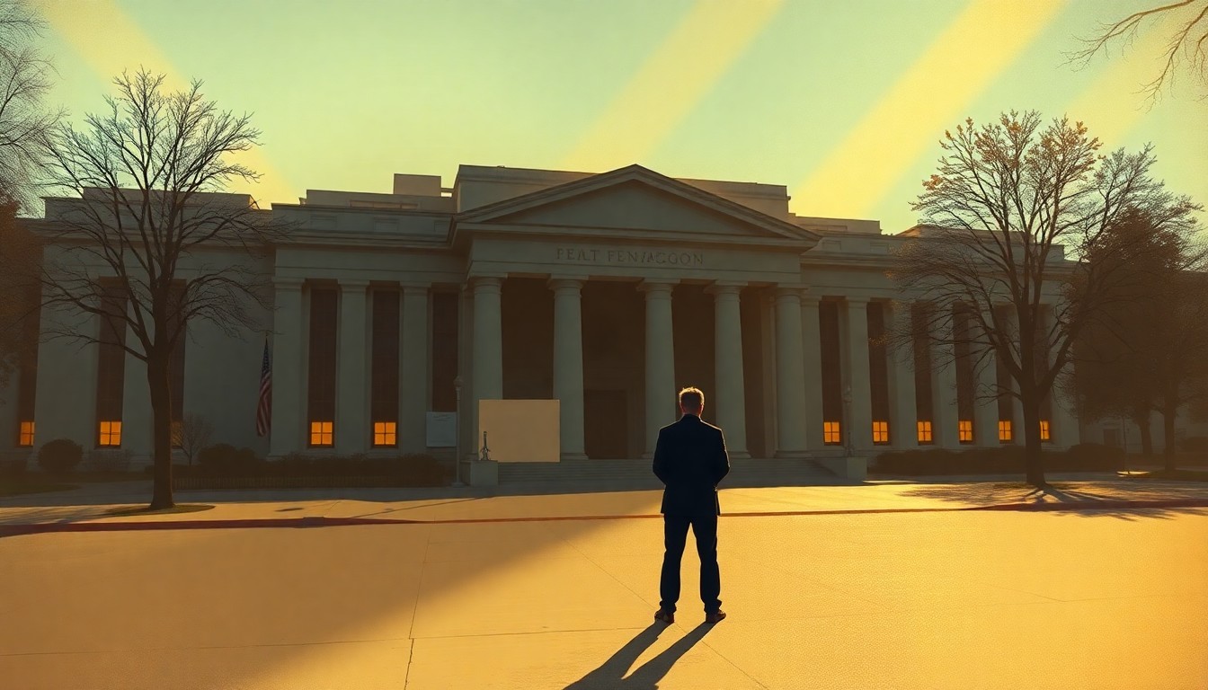 A photorealistic painting of a lone reporter standing outside the imposing Pentagon building, the structure bathed in warm, golden light and deep shadows, conveying a sense of solitude and contemplation.