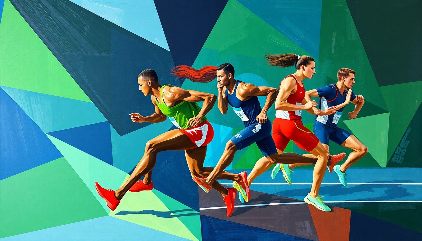 A fractured, geometric painting depicting track and field athletes in motion, with their bodies and movements broken down into sharp, overlapping planes of color, conceptually representing the structural and marketing challenges facing the sport.