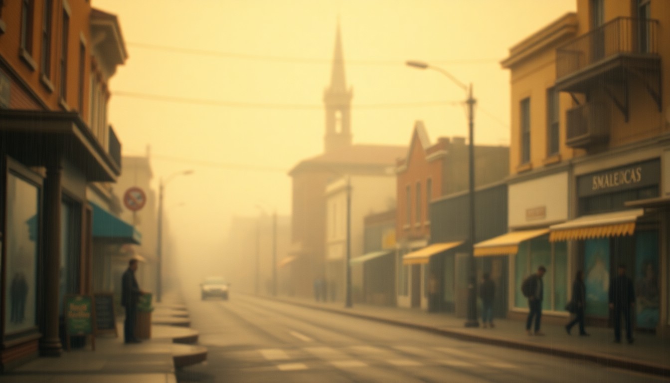 An abstract, impressionistic photograph of a small-town street scene, with blurred figures and buildings visible through a hazy, rain-streaked lens, conveying a sense of nostalgia and the impact of losing a beloved community member.