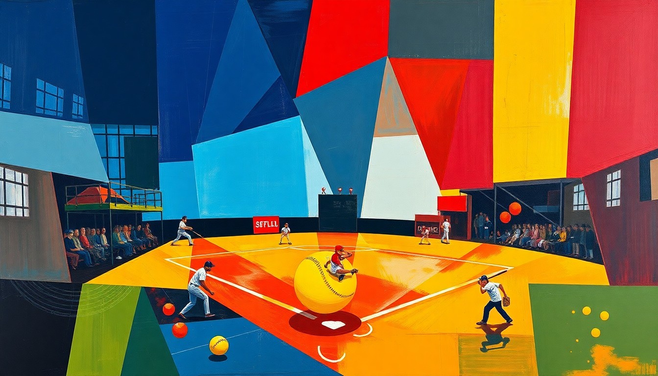 A fragmented, geometric painting in bold colors depicting various perspectives and moments of a softball game, conveying the competitive spirit and technical mastery of the sport.