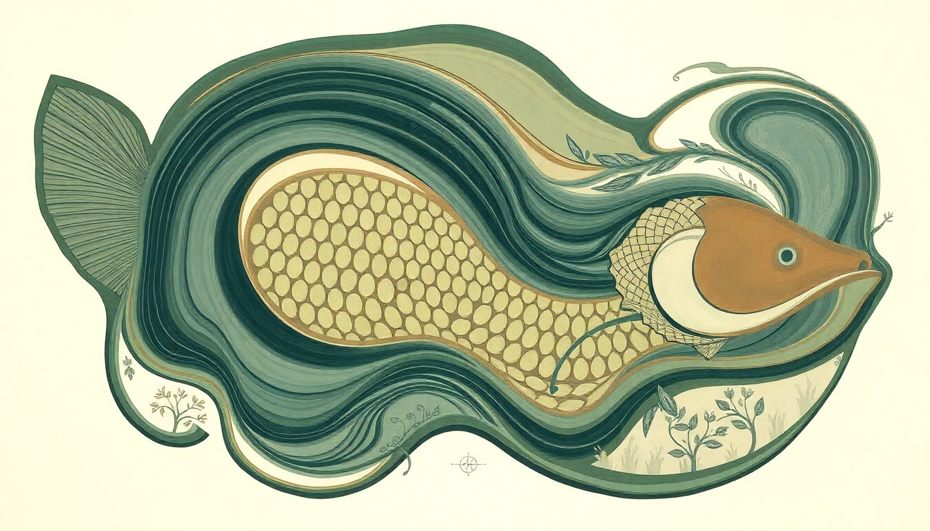 A highly textured, abstract painting in soft earth tones of green, brown, and blue, featuring sweeping geometric arcs, intersecting waveforms, and precise botanical spirals, conceptually representing the disruptive impact of the invasive Asian carp on Alabama's natural ecosystems.