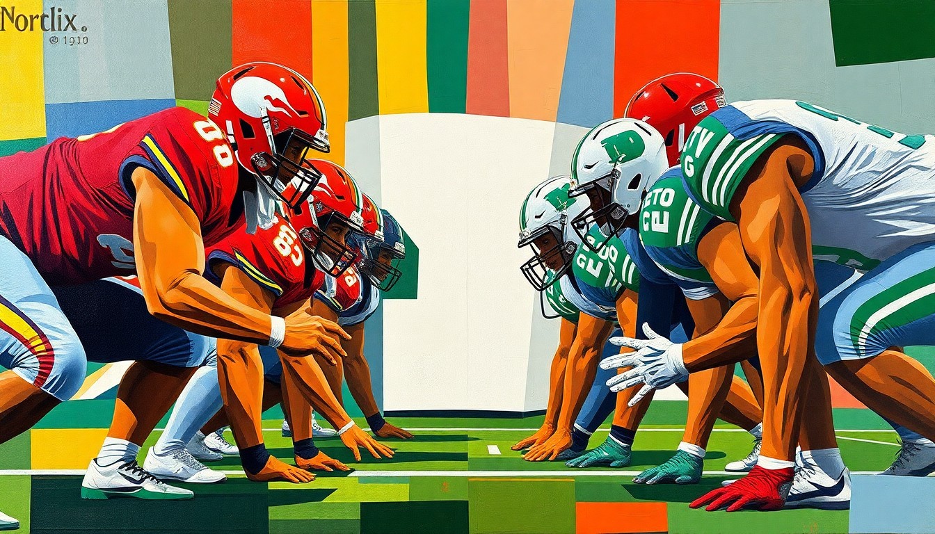 An abstract, cubist painting depicting a football defensive line, with sharp geometric shapes and planes in the colors of Colorado and North Dakota State uniforms blending together in a dynamic, fragmented composition.