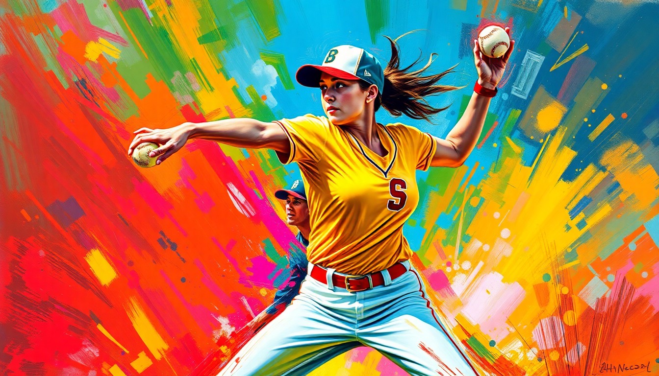An extreme close-up of a softball pitcher's throwing motion, rendered in a vibrant, energetic expressionist style with neon colors and rapid brushstrokes, conceptually representing the dominance and athleticism of the player's performance.