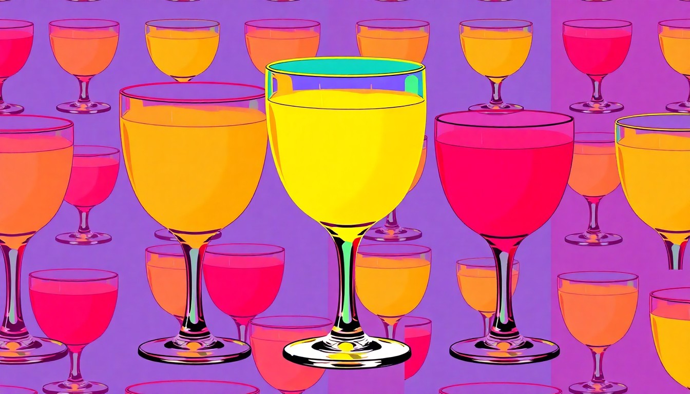 A bold, colorful silkscreen-style illustration featuring a repeating pattern of a cocktail glass in shades of neon pink, blue, and yellow, conceptually representing the creative and visually striking cocktails served at Bar Bambi.