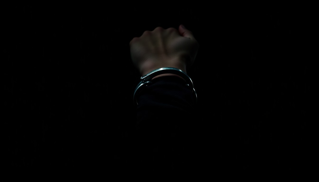 An extreme close-up photograph of a handcuffed wrist against a pitch-black background, lit by a harsh, direct camera flash, conceptually representing the legal consequences of evading child support payments.