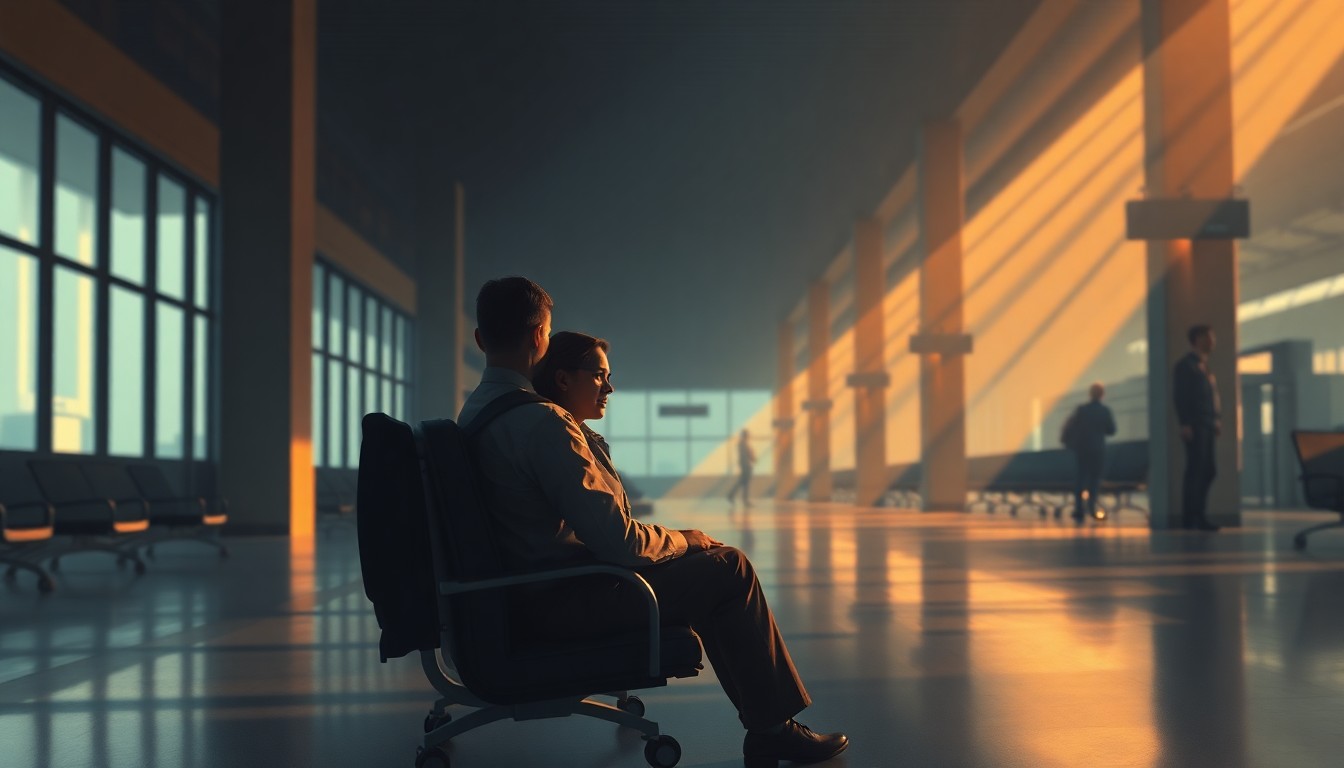 A solitary figure of a military family member sitting alone in an airport terminal, the space bathed in warm, diagonal sunlight and deep shadows, conveying a sense of quiet contemplation and resilience in the face of unexpected upheaval.