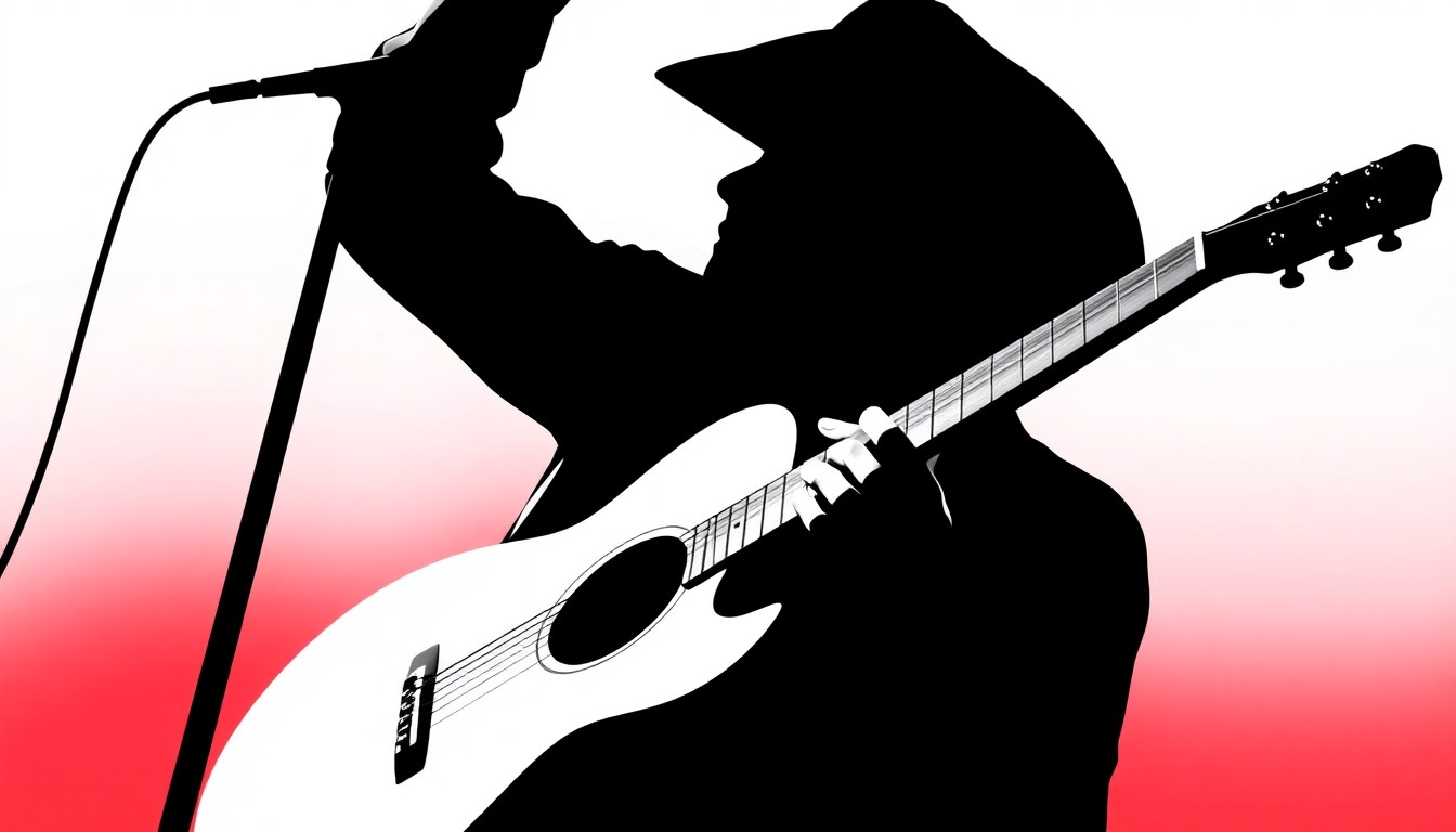 A minimalist, graphic illustration featuring a stark black silhouette of a country singer holding a guitar, set against a high-contrast red and white background, conveying the energy and significance of the event.