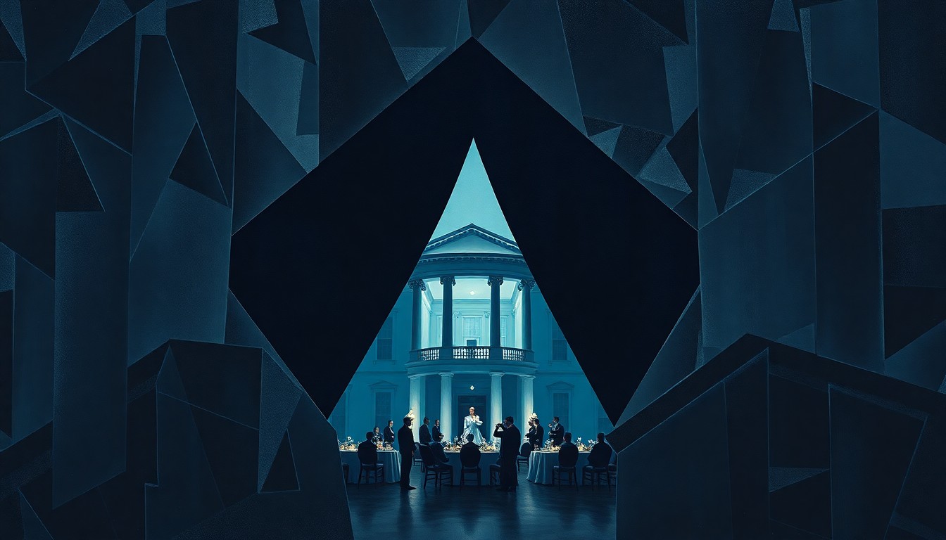 A fragmented, abstract painting depicting an angular, shadowy military structure emerging from beneath the White House, rendered in a palette of dark blues, greys, and blacks, conveying a sense of mystery and unease.
