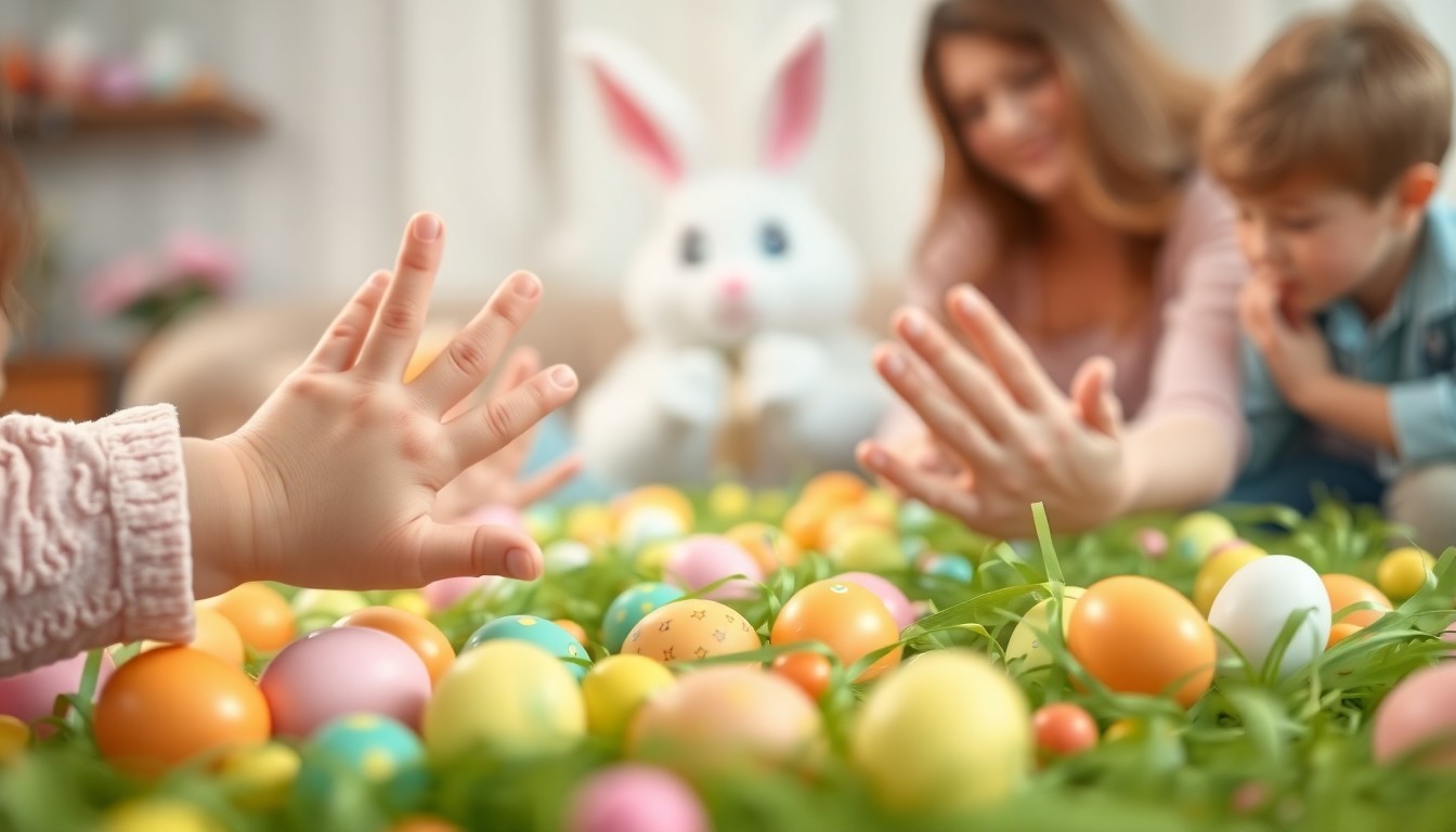 An abstract, out-of-focus photograph in warm, pastel tones depicting the hands of children reaching for Easter eggs and candy, with blurred figures of parents and the Easter Bunny in the background, conceptually representing the joyful energy of a community Easter celebration.