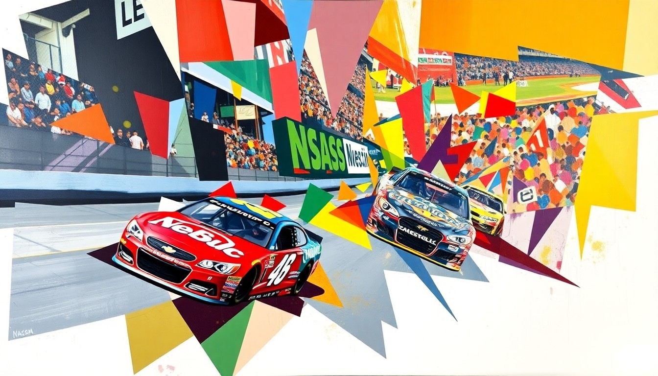 A cubist, geometric painting depicting a NASCAR race at Martinsville Speedway, with overlapping planes of color and shape representing the dynamic action and competition on the track.