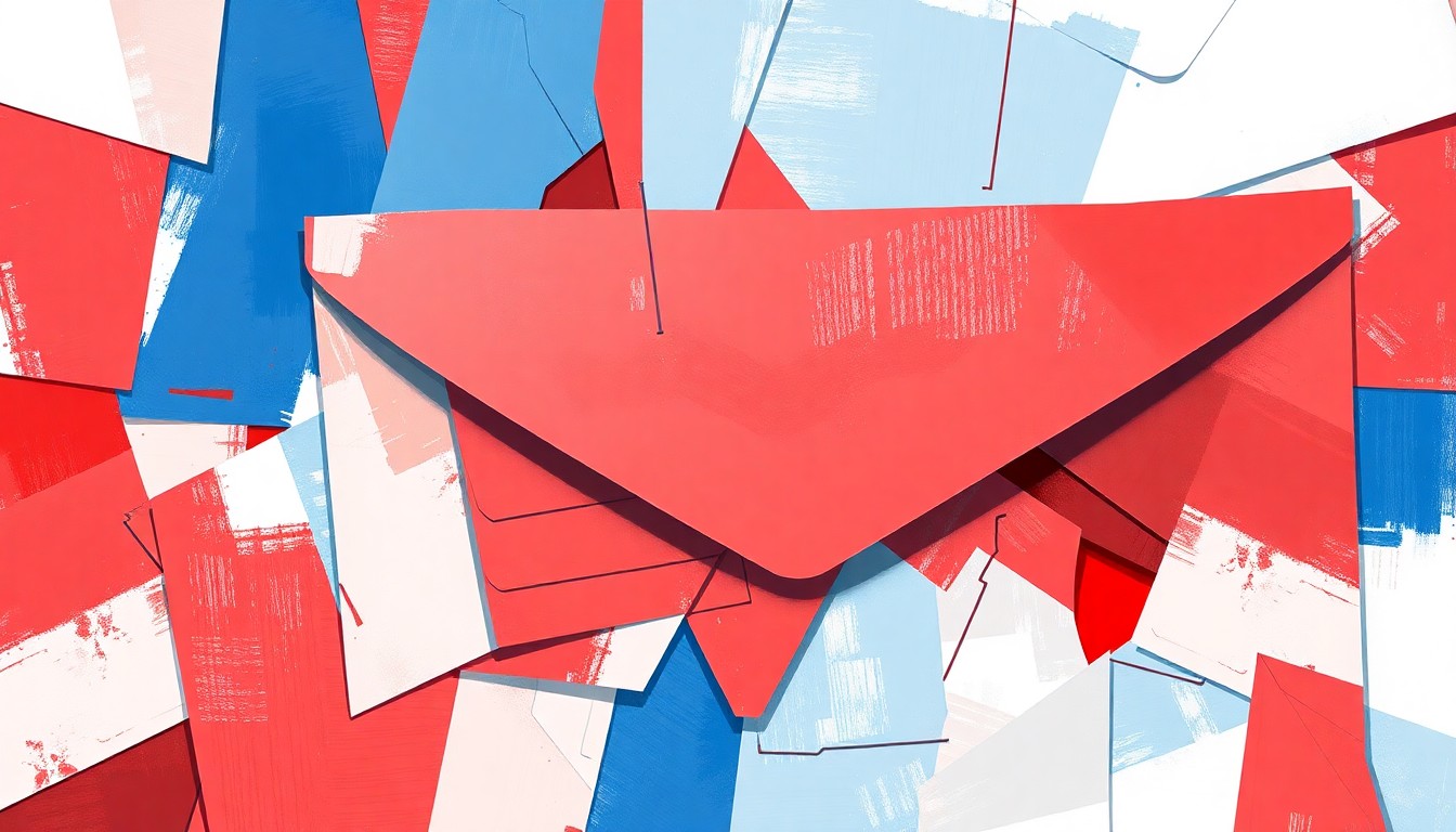 A fragmented, abstract painting of a mail-in ballot envelope in red, white, and blue tones, conveying the contentious nature of the issue.